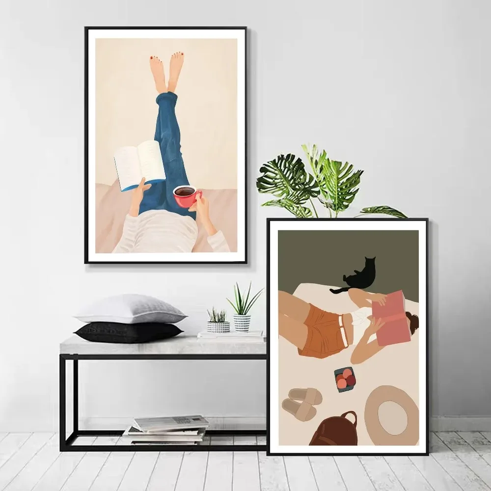Woman Relaxing Sofa Read Anime Posters Room Bar Cafe Room Decor Gift