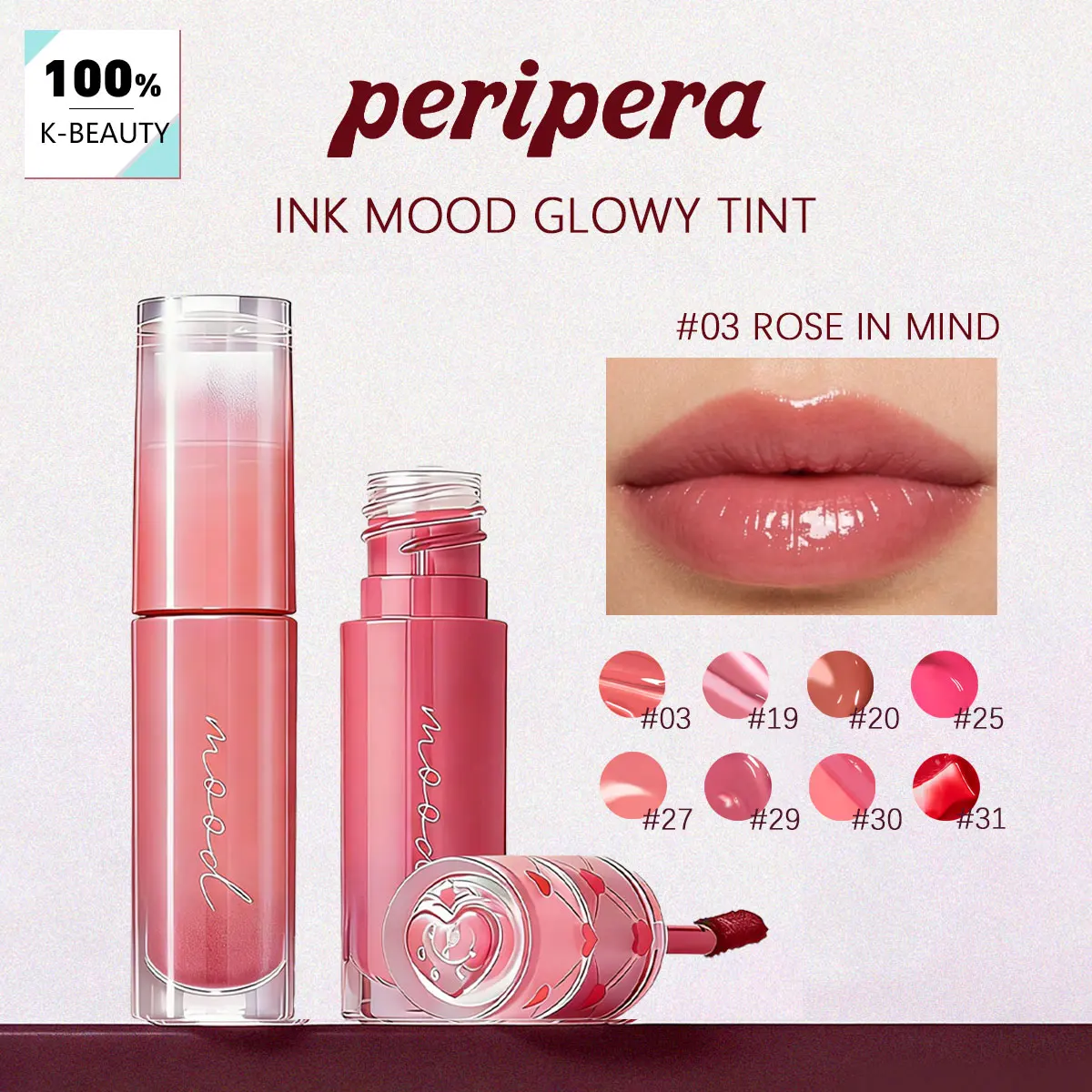 Tinte Labial PERIPERA INK MOOD GLOWY, Color Intenso y No Pegajoso, Fórmula de Alto Brillo, Ligero y Resistente a las Manchas, Cosmético Coreano, Maquillaje Coreano