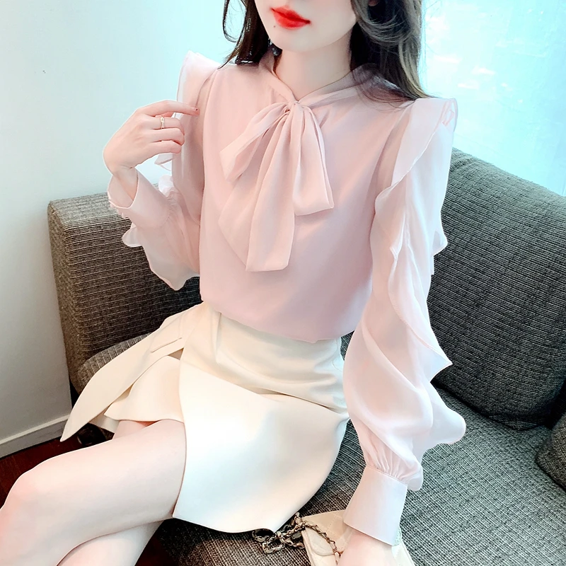 Fashion Ruffles Bow Collar Pink Chiffon Blouse Shirt Women Tops Blouses Blusas Mujer De Moda 2024 Long Sleeve Blouse Women H05