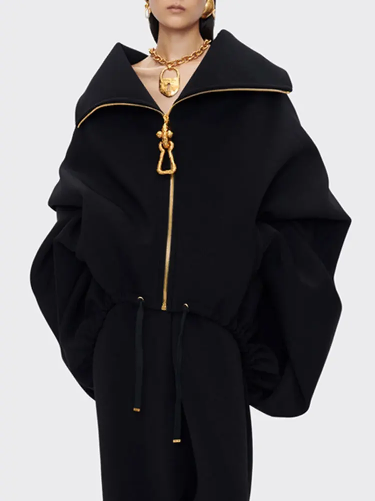 

GACVGA Loose Lapel Zip Jackets & Coats for Women 2025 Autumn Fashion Streetwear Long Sleeves Drawstring Oversized Casual Jacket