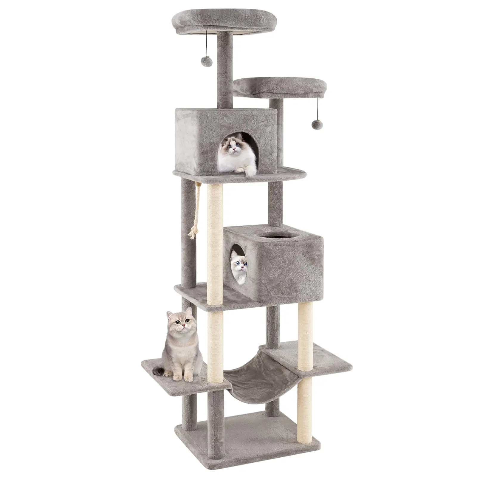 81 Inches Tall Modern Cat Tree, Multi-Level Cat Tower with Sisal Scratching Posts, 2 Private Condos, 2 Hanging Jingling
