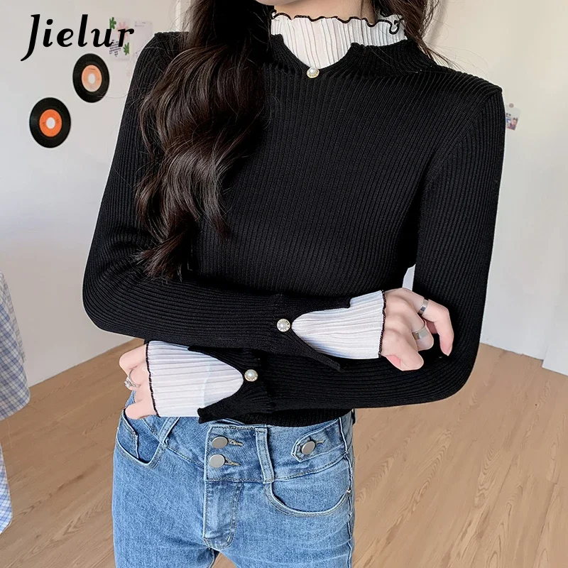 Jielur Autumn Lace Stitching Fake Two-piece Women Sweater Slim Elegant Lady Bottoming Shirt White BlackTurtleneck Top Female