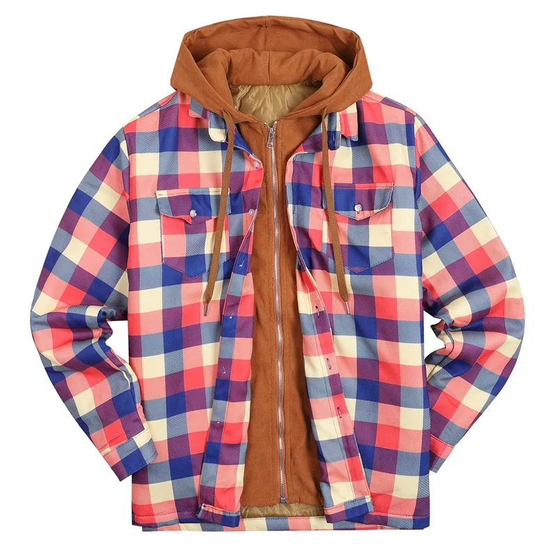 Men's Long-Sleeved Hooded Shirt Coat 2023 Autumn And Winter New Fake Two Plaid Casual Loose-Size Shirt