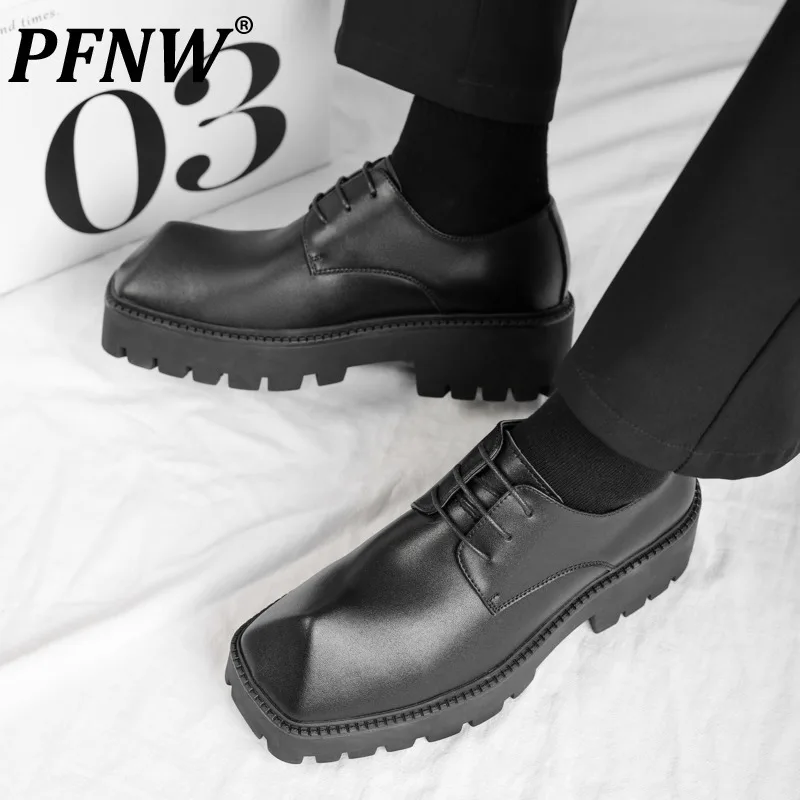 PFNW Men's Casual Leather Shoes Thick Bottom Heightening Hundred Models Black Lace-up Shoes Korean Trend 2025 Spring New 28W5765