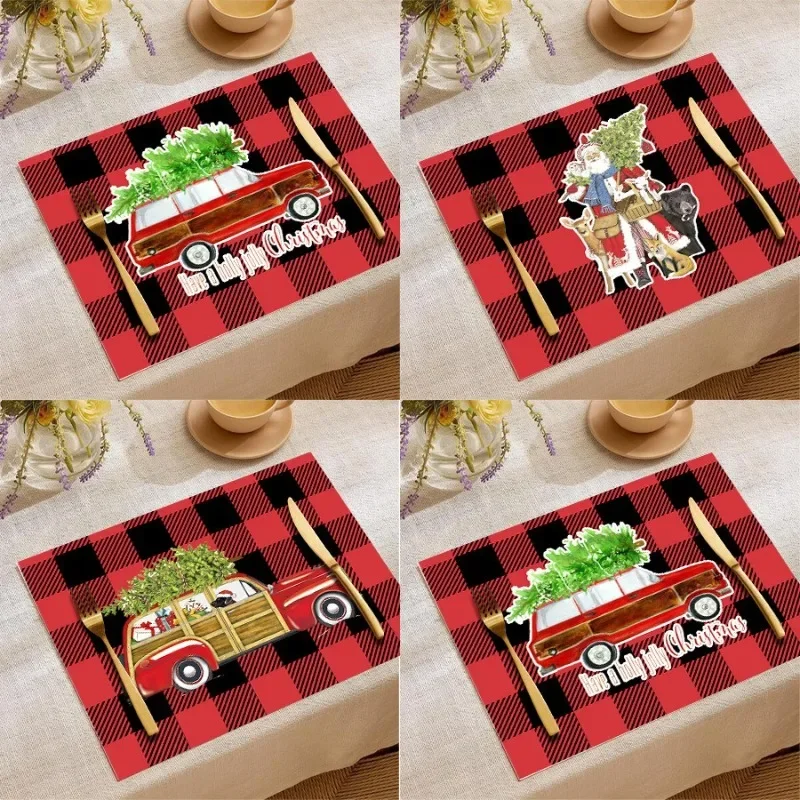 Christmas Linen Placemat Car Printed Santa Claus Western Plate Heat-Resistant Wearable Luxury Tableware Table Pad