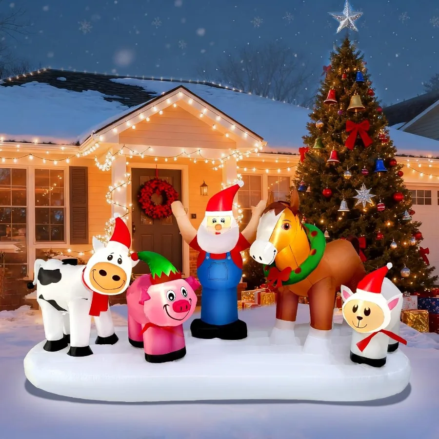 Papá Noel inflable de Navidad de 8 pies con vaca Clydesdale, cerdo y ovejas en la granja, decoración navideña, Papá Noel con animales