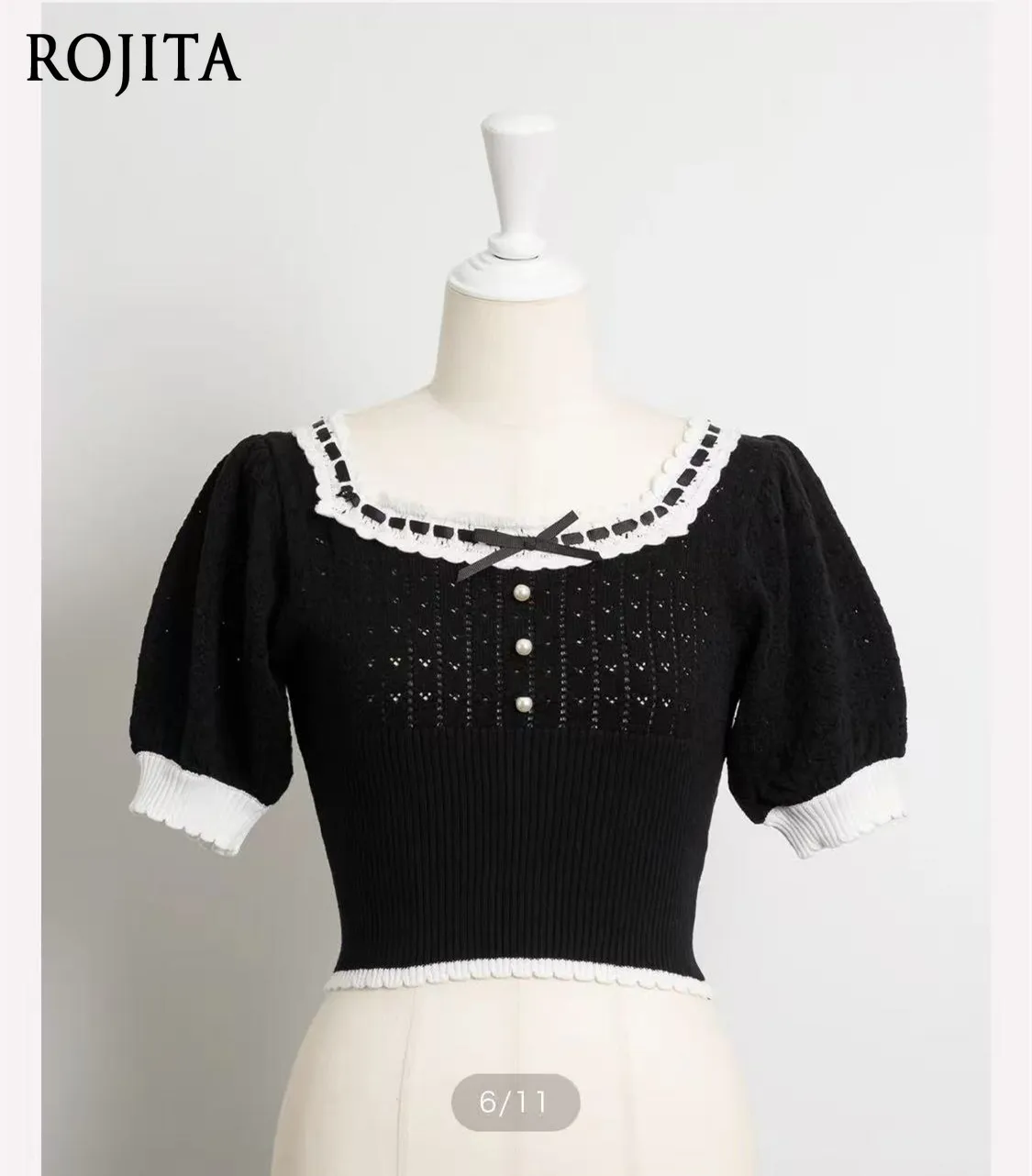 Sweet Square Neck Knit Crop Top Women Lace Ruffle Bow Puff Sleeve Contrast Color Short Sleeve Y2K Cute Blouse