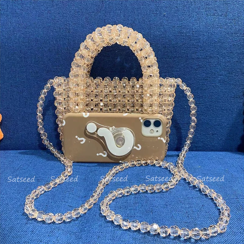 Summer Simple Customized Handmade Woven Beaded Crossbody Bags for Woman New Resort Beach Crystal Tote Mobile Phone Handbag 2023