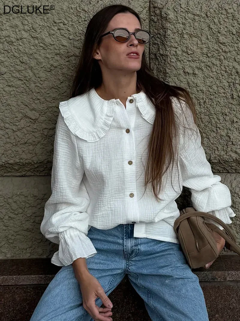 

DGLUKE New In Women's White Shirt Peter Pan Collar Long Sleeve 100% Cotton Shirt Button Up Casual Shirt Blouse