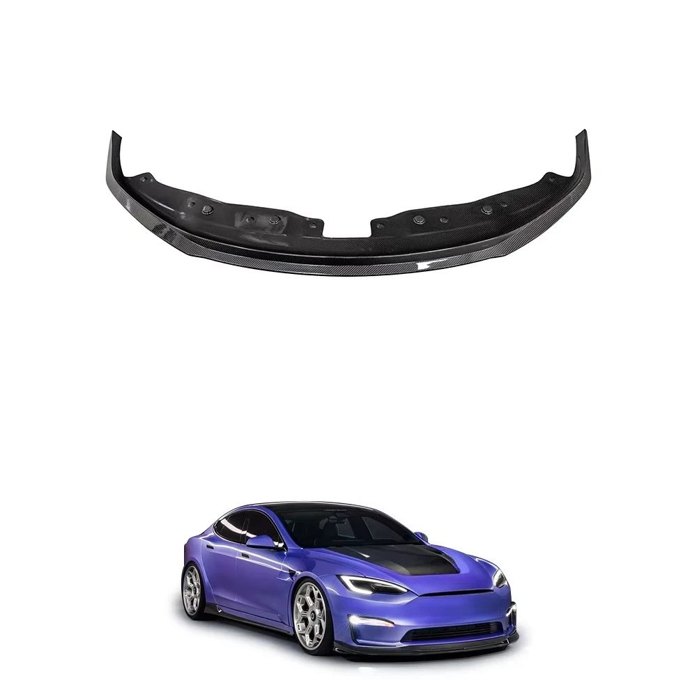 Dry Carbon Fiber V Style Front Bumper Lip Spoiler Premium for Tesla Model S Plaid