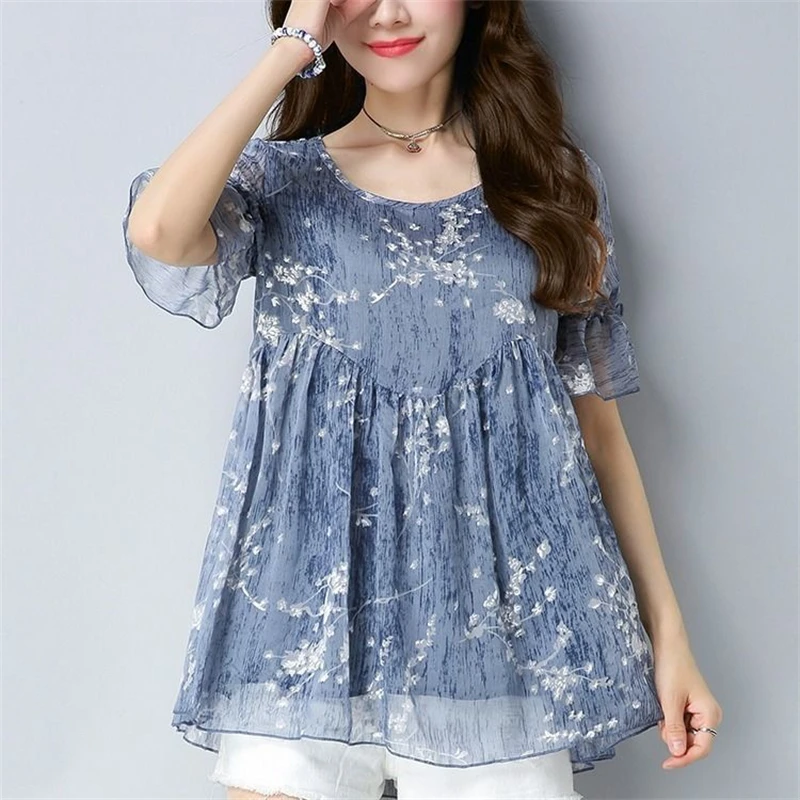 2024 Summer Women\'s Fashion Print Ruffle Sweet Blouse Casual O Neck Short Sleeve Chiffon Shirt Loose Chic Tops Blusas Para Mujer