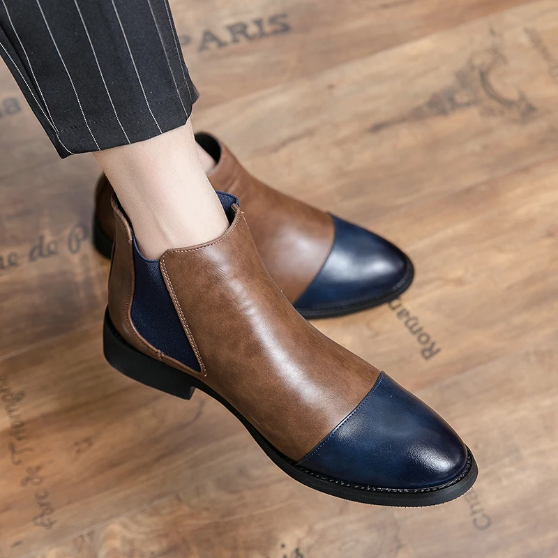 

Fashion Color Blocking Design High Top Mens Soft Comfortable Casual Leather Boots Brand Business Elegant Versatile Chelsea Boots