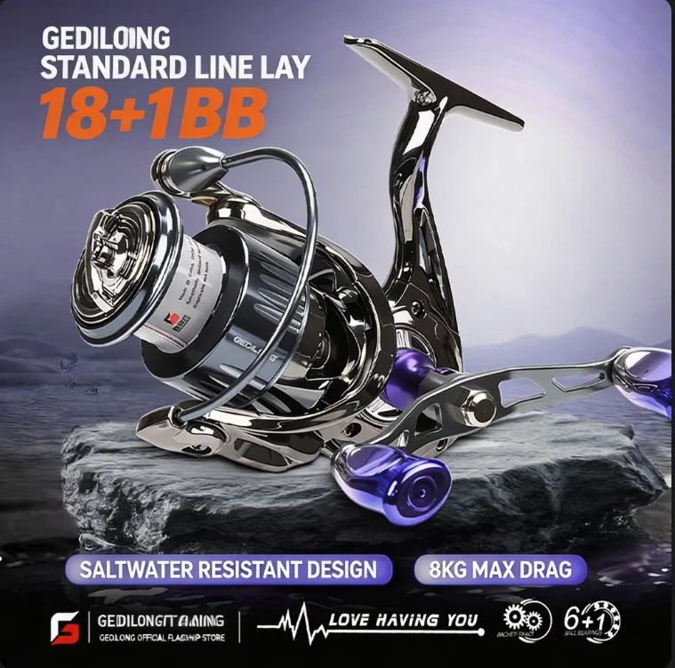 Moulinet spinning Gedilong tout métal, bobine peu profonde, lancer longue distance, usage général, pour la pêche aux leurres en eau salée et eau douce