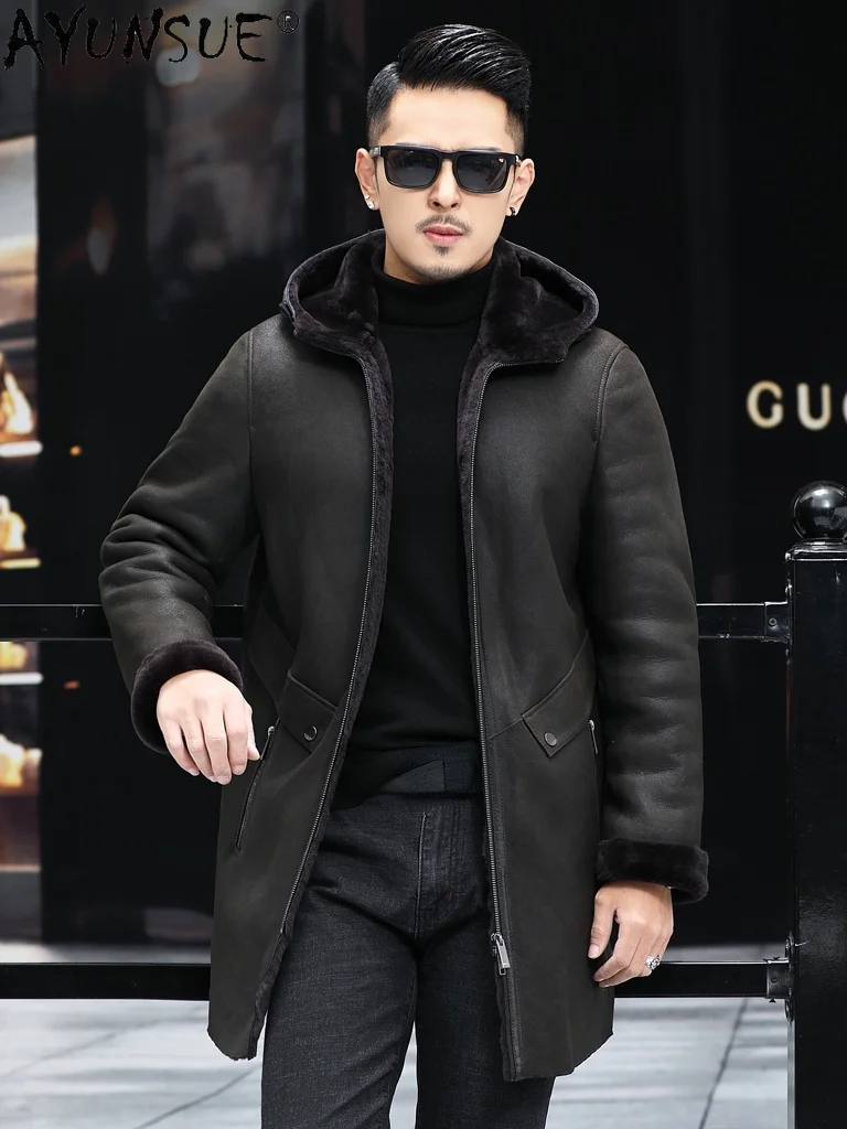 Natural Fur Coats Male 2021 Winter 100% Genuine Sheepskin Leather Men Hooded Black Long Jackets Chaquetas Hombre Gmm358