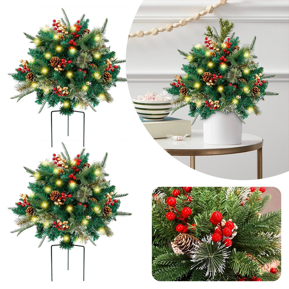 Lighted Artificial Christmas Urn Filler Pre-lit Xmas Pine Trees with Tripod Stake Light Up Planter Filler Holiday Home Decor