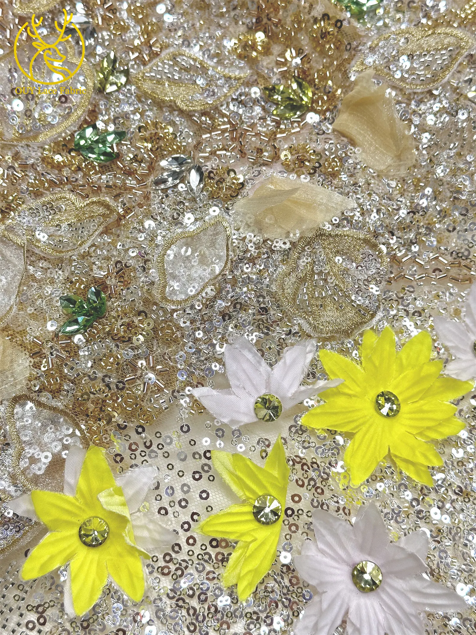 Hochwertiger luxuriöser französischer Edelstein-Perlenstickerei-3D-Blumen-Afrikanischer-Pailletten-Spitzenstoff für DIY handgefertigtes Hochzeitskleid. – Detail 13