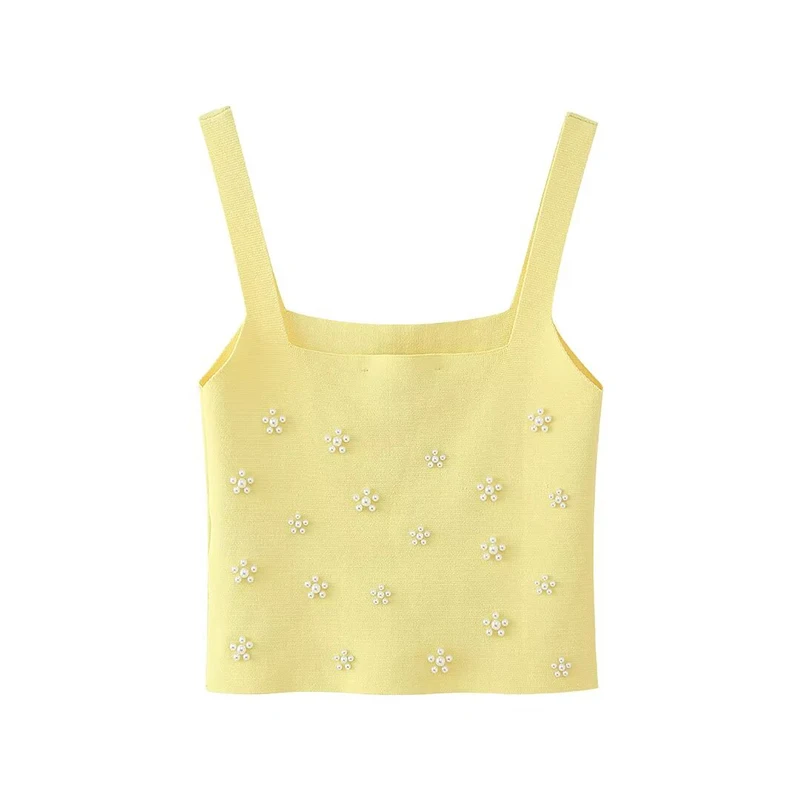 Willshela Women Fashion With Beading Yellow Backless Knitted Tops Vintage Straps Square Collar Female Chic Lady Crop Top