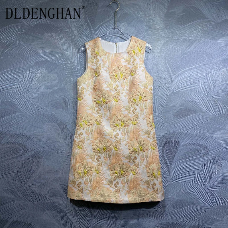 

DLDENGHAN Autumn Crystal Beading Jacquard Mini Dress Women's O-Neck Sleeveless Vintage Tank Dresses Fashion Designer