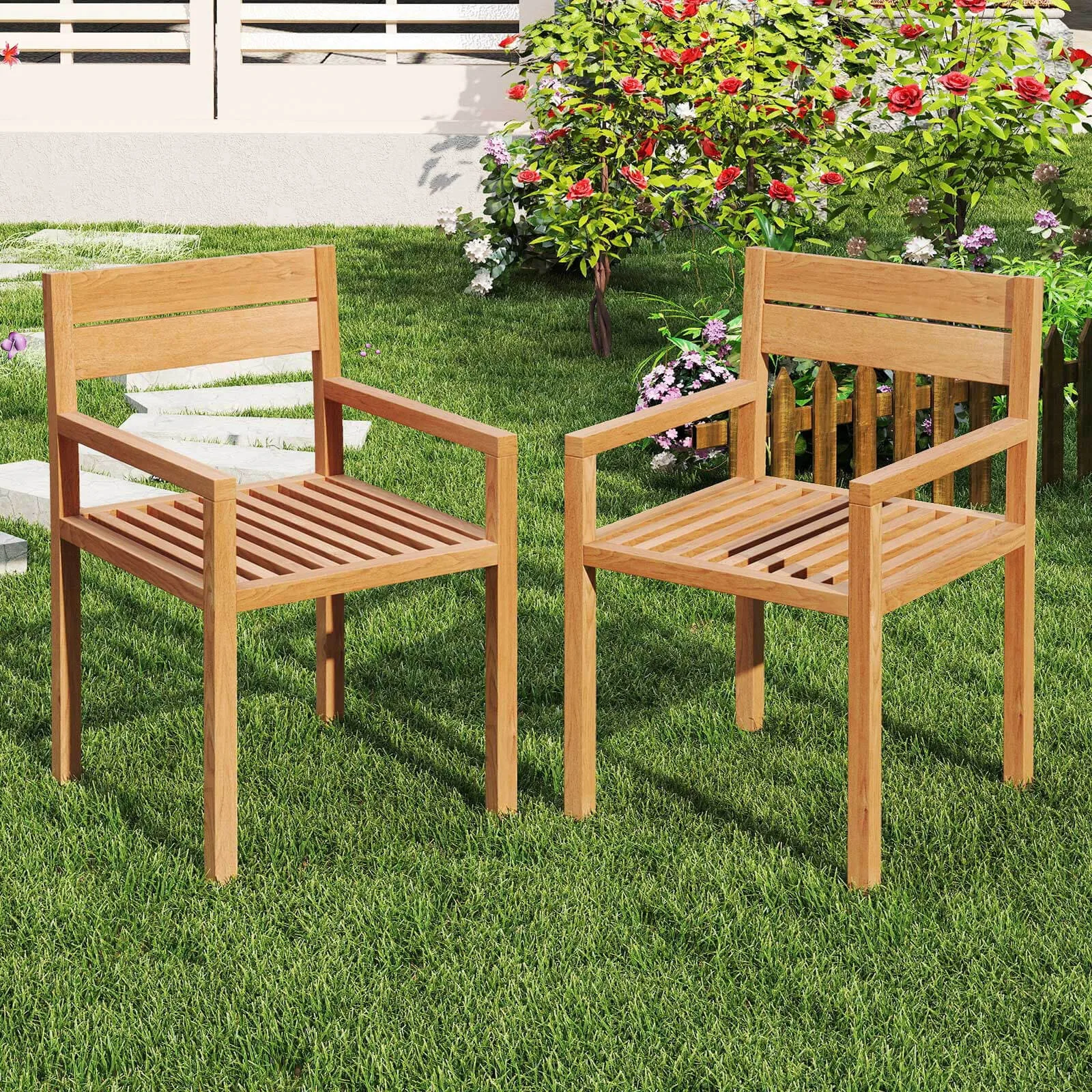 

Outdoor Teak Wood Chair Patio Dining Armchair w/ Slatted Seat & Backrest