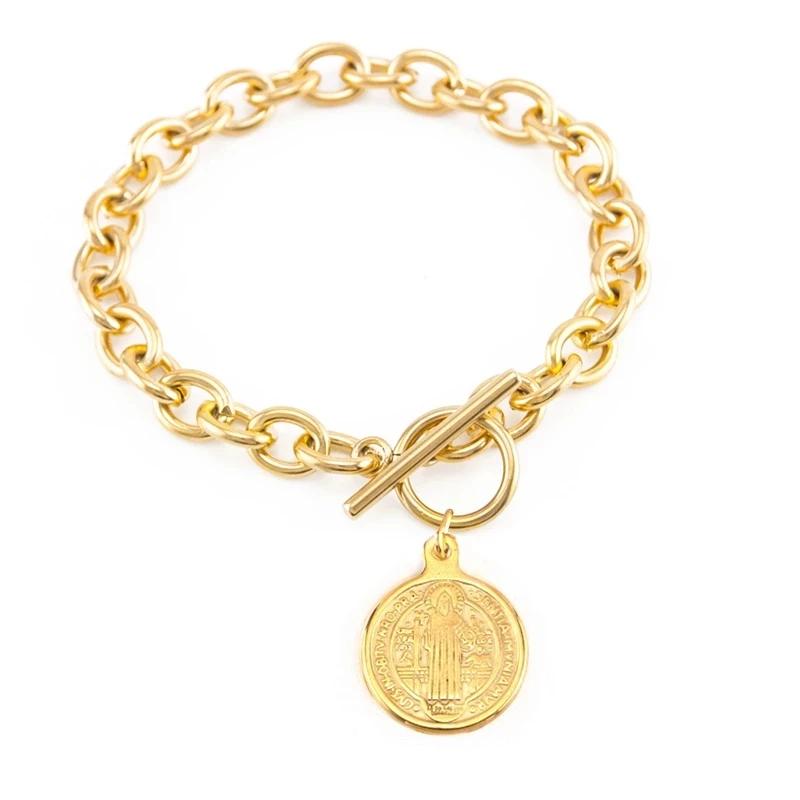 San Benito the Saint Benedict medal Mens Women gold medal Bracelet Stainless Steel Toggle Clasps Bracelets Gift Cuff Bangles