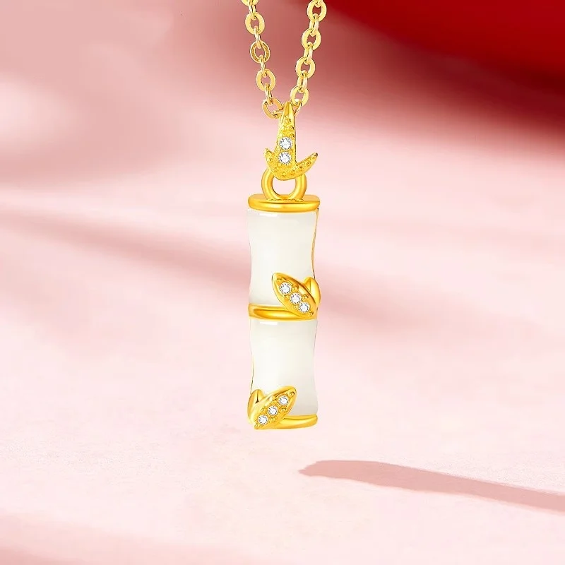 

Best selling AU99 new Chinese style gold inlaid jade bamboo pendant Hotan Jade necklace Qixi birthday gift for girlfriend