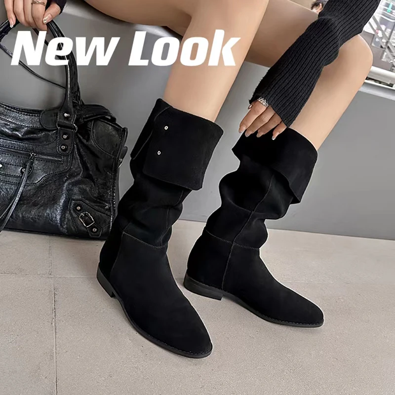 

2023new Autumn winter women mid-calf boots natural leather 22-25cm cow suede+pigskin modern Boots pile boots women shoes