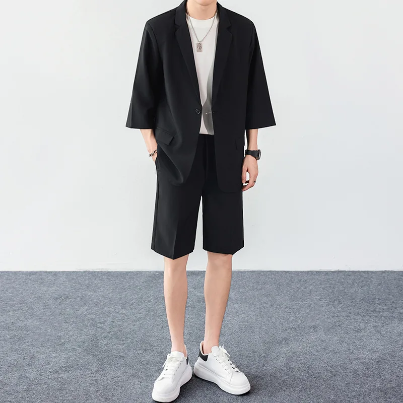 

KIDWHXR Summer Man's Outfit Thin Single-breasted Short Sleeve Blazer Male Straight-leg Shorts Men Loose Casual 2-piece Set
