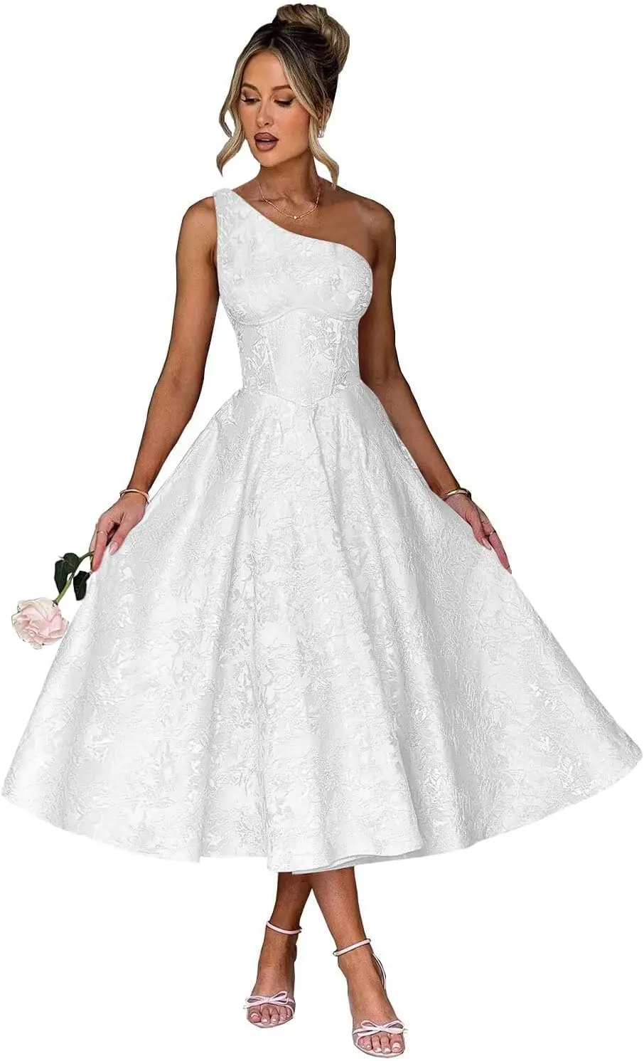 فساتين لحضور الحفلات الموسيقية من قماش الجاكار من الساتان الزهري 2025 بكتف واحد على شكل حرف a ميدي فستان رسمي للحفلات المسائية مع جيوب للنساء