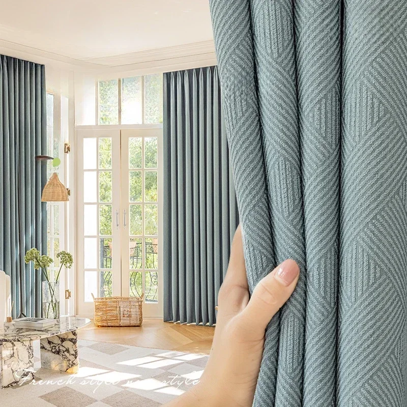 New Woven Grid Chenille Blackout Curtains for Living Room Bedroom Solid Color Modern Minimalist Style Decor Custom White Tulle
