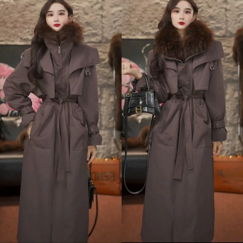 

Ele Thiened Winter Long Coat with Belt And Fur Collar Warm Sli Commuter Korean Sle Women's Premium Quali Jaet