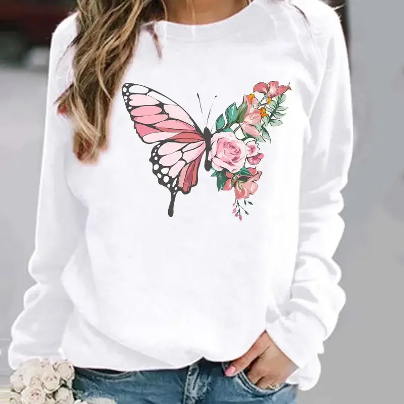 Europe and United States Butterfly Dandelion Print Pattern Crewneck Hoodie Top Sweatshirt  Streetwear Women  Clothes Sweatshirts