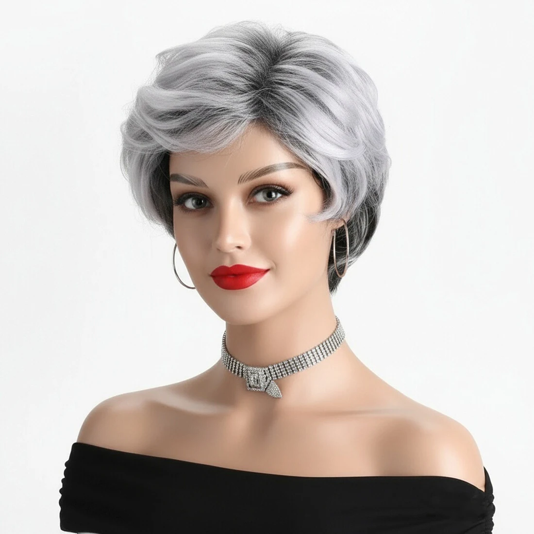 

Synthetic Short Wig European and American Women's Mixed Silver White Ombre Fake Hair With Bangs Curly Breathable Wig