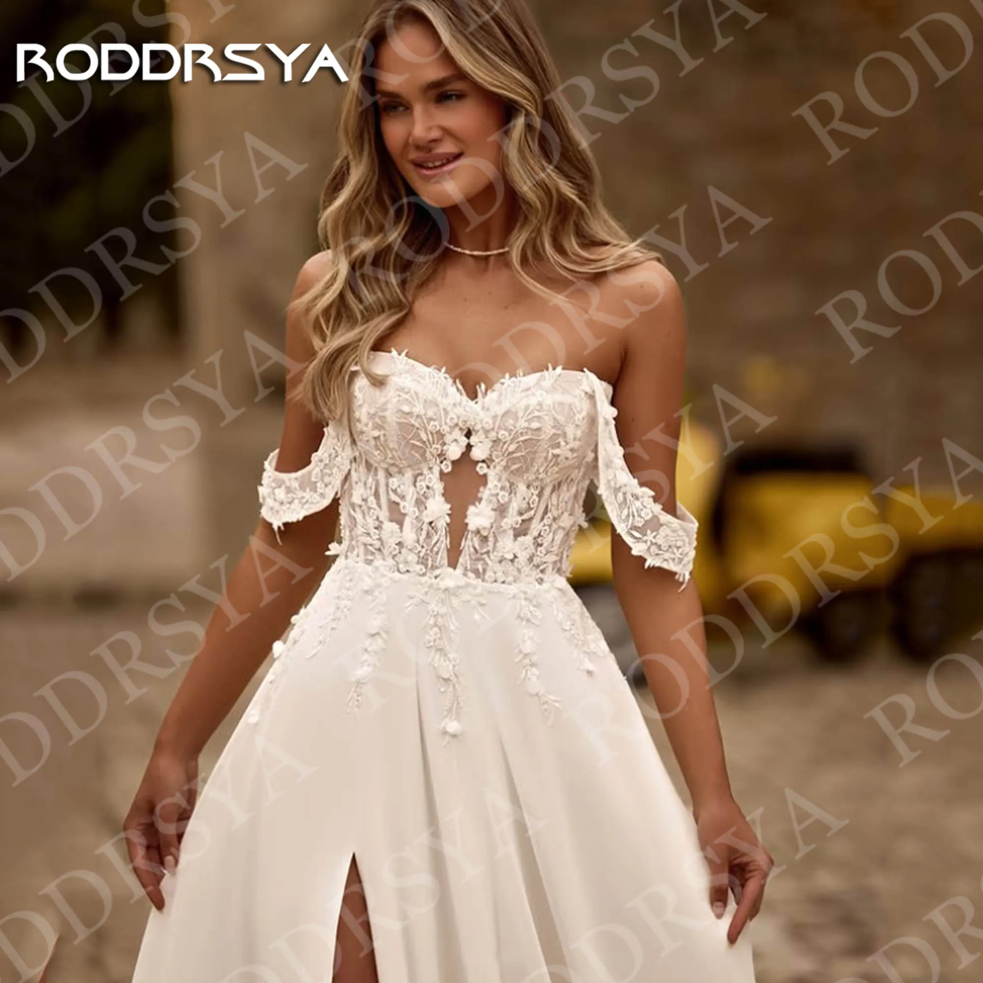 RODDRSYA فستان الزفاف البوهيمي البلد الدانتيل قبالة الكتف الجانب الشق فساتين زفاف الشاطئ الشيفون مخصصة فستان الزفاف البوهيمية البلد الدانتيل قبالة الكتف الجانب الشق شاطئ فساتين العروس شيفون مخصصة