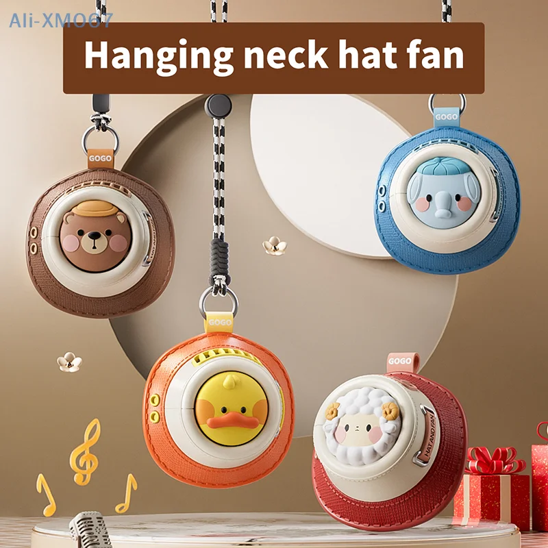 Creative Cartoon Hat Game Machine Leafless Neck-hanging Fan Third-speed Students And Children Portable USB Mini Charging Fan