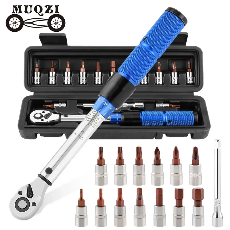 MUQZI 1/4 Inch Drive Torque Bike Wrench 15PCS Bike Torque Wrench Set with Bit Sockets for MTB Road Folding Bike Hand Tool Kit