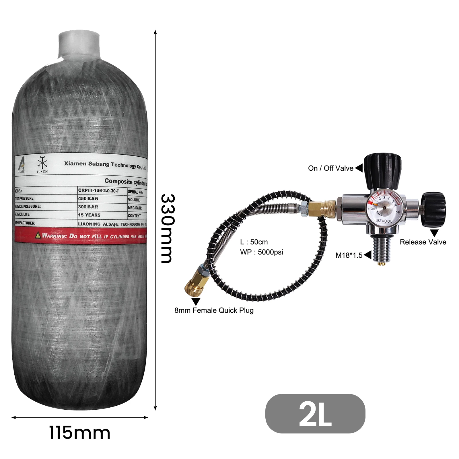 TUXING 300Bar 2L Carbon Fiber Cylinder with Regulating Valve HPA Tank 4500psi High Pressure Cylinder for Scuba Diving M18*1.5