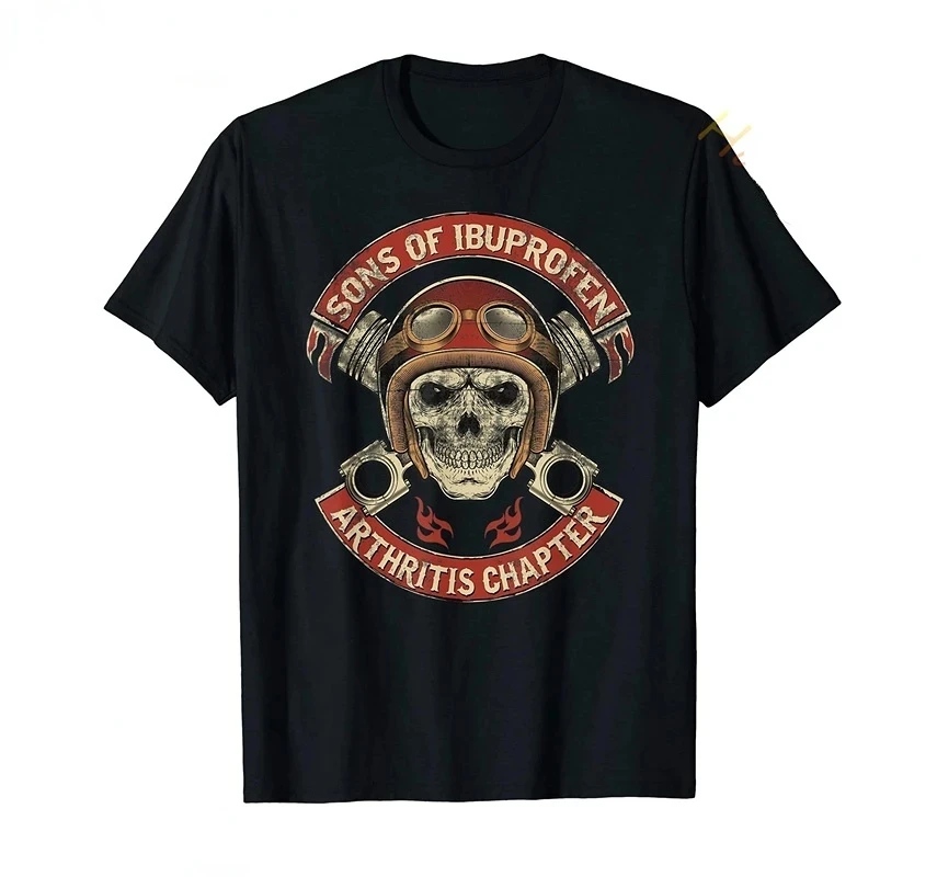 Sons with Arthritis Ibuprofen Chapter Funny Biker Skull T Shirt Black Vintage Mens Graphic Shirts Gothic Ropa Hombre Streetwear