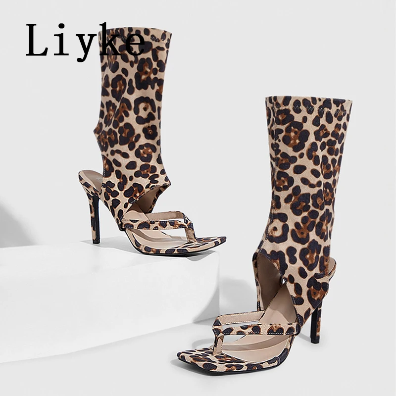 Liyke مثير ليوبارد طباعة المفتوحة تو كليب على الجوف خارج حذاء من الجلد النساء الجوارب الحديثة رقيقة عالية الكعب مضخات الحفلات حجم 42