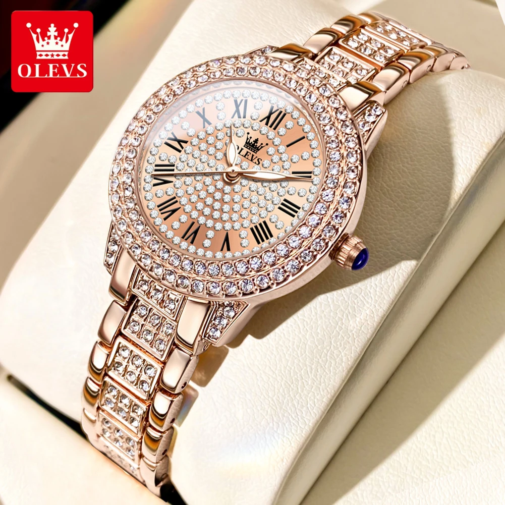 OLEVS 9943 Women's Watches Fashion Original Quartz Wrist Watch for Ladies Roman Dial Dazzling Diamond Waterproof Luminous Luxury