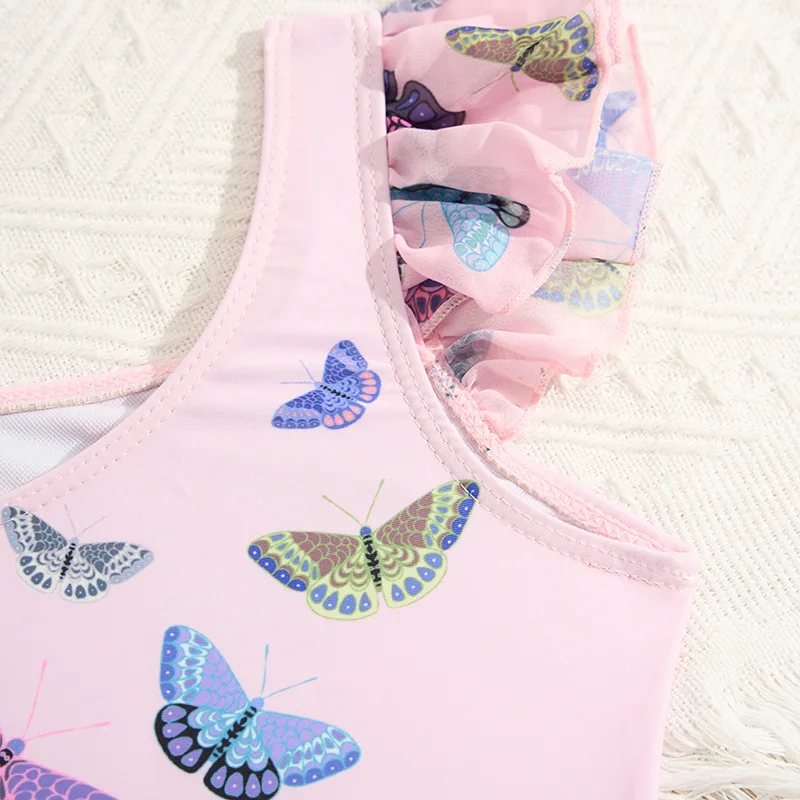 Butterfly Print Girls One Piece Swimsuit 4-7 Year Kids Swim Suit Infant Children\'s Swimwear 2025 Pink Bathing Suits with Skirt