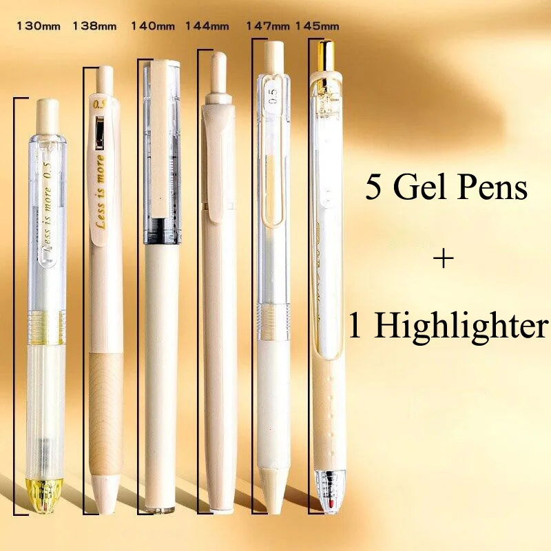 5pcs Gel Pens + 1pc Highlighter 0.5mm Black Ink Student Writing Pen School Office Stationary Supplies