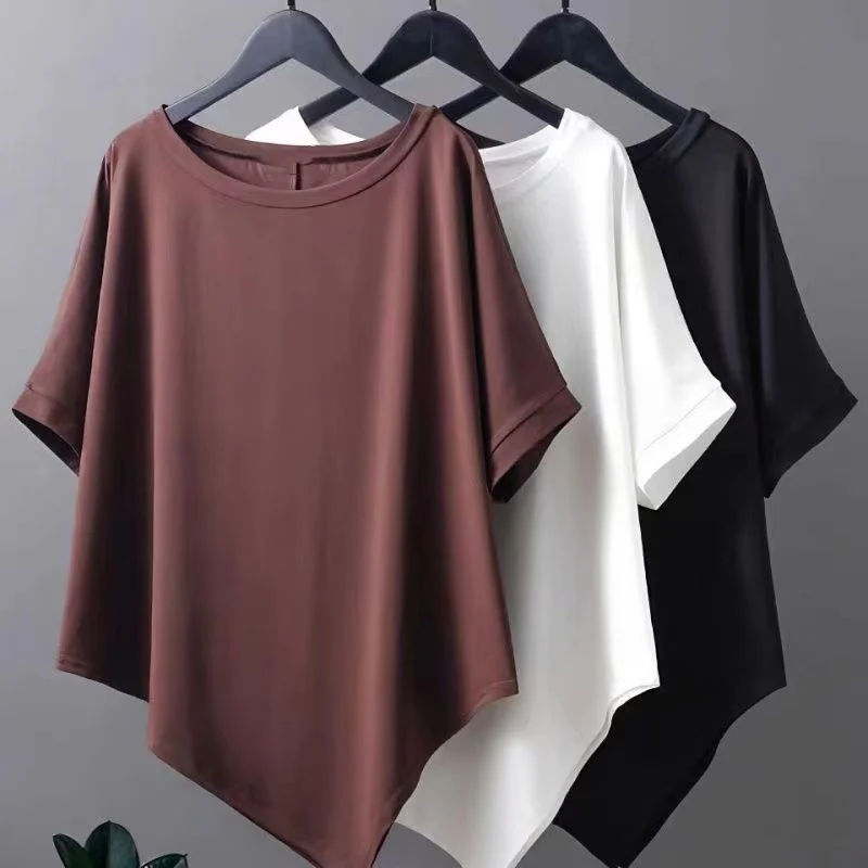 

2024 The New Spring And Summer Fashion Cotton T-shirt Is Irregular Female Retro Batwing Coat Loose Hide Belly Fat With Short Top