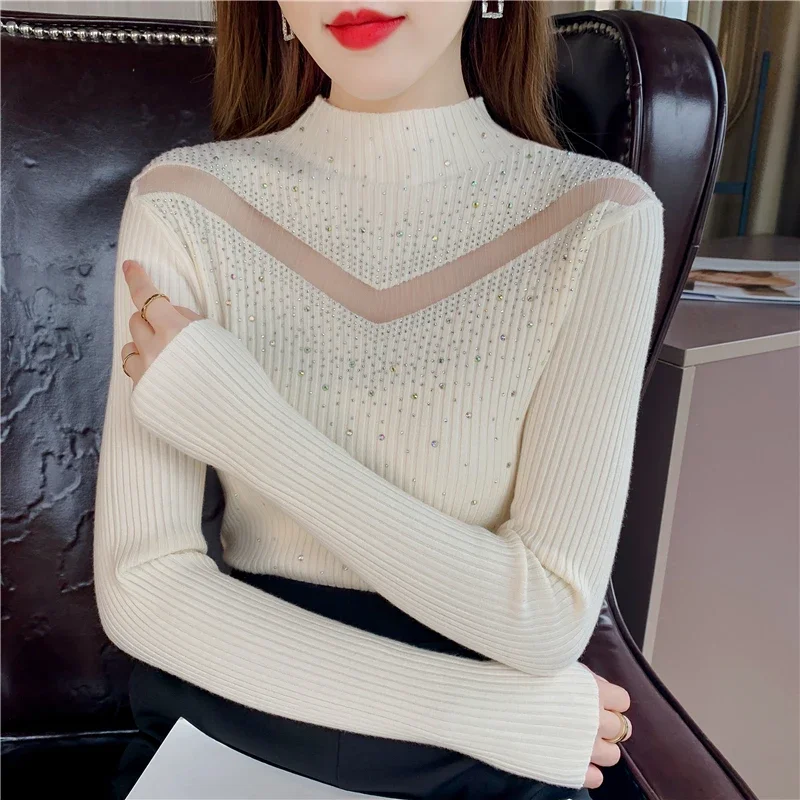 Ladies Fashion Mesh Splicing Beading Pullover Sweater Women Clothing Girls Autumn Casual Knitwear Female OL Sweaters PAH2620