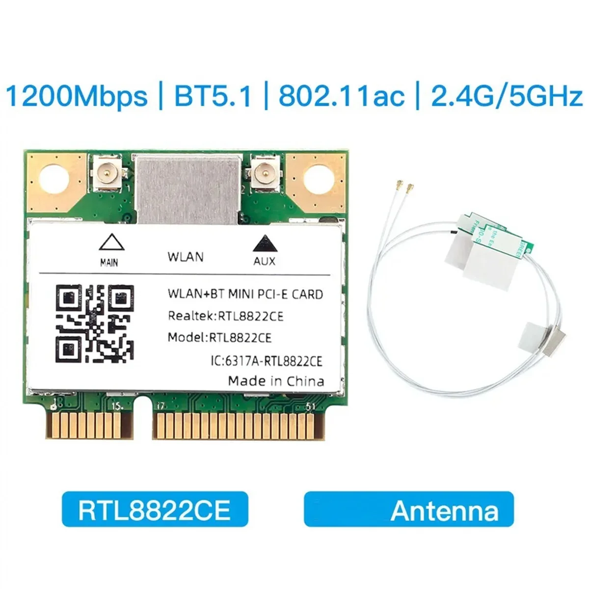 Carte réseau sans fil RTL8822CE, 1200Mbps, 2.4G, 5 mesurz, Stérilisation 11AC, WiFi, Mini PCIe, Bluetooth 5.1, Ordinateur portable, PC, Wind 10/11