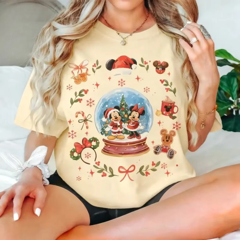 크리스마스 2025 뉴 미키 마우스 디즈니 남성 여름 티셔츠 가족 부모-자식 복장 오버 사이즈 캐주얼 남성 여성 티셔츠 코튼