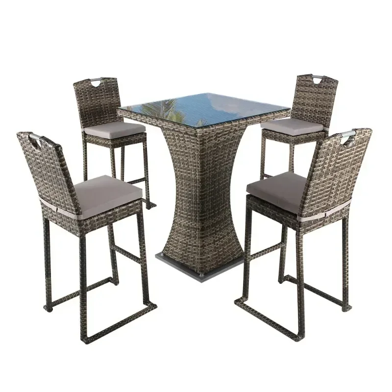 

*S Outdoor Beach Restaurant Patio Rattan Bar Height Table Furniture Stool Chair Set