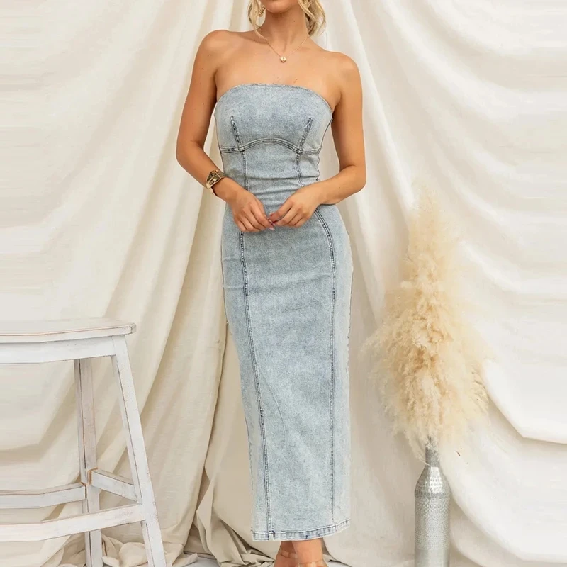 

Fashion Stitching Spring Girls Banquet Long Dress Sexy One Shoulder Tube Tops Dresses Ladies Elegant Wrap Hips Denim Dresses