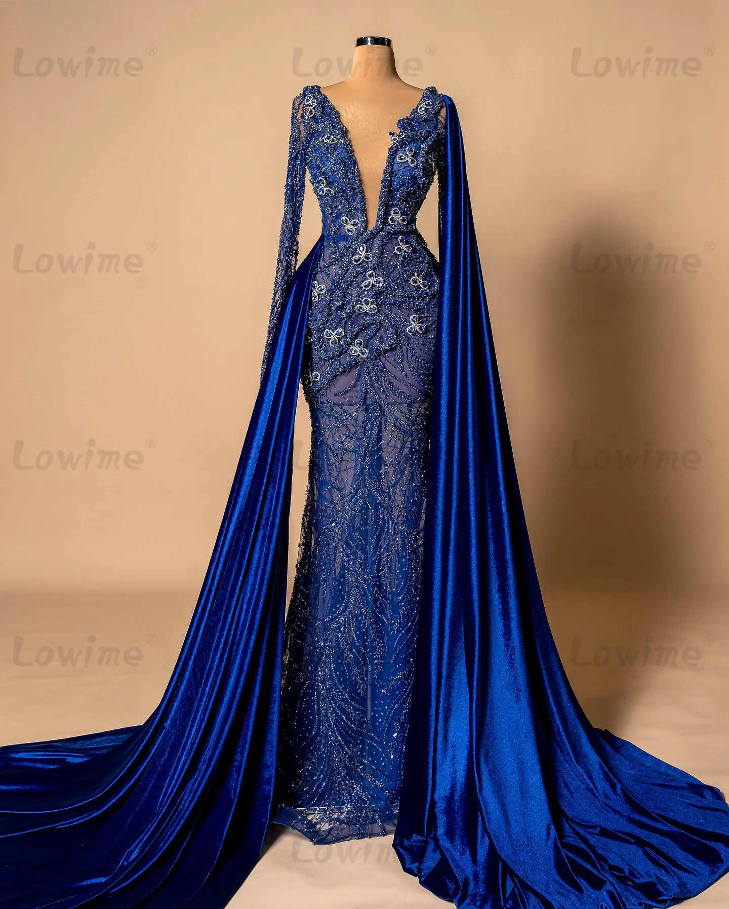 

Luxury Blue Celebrity Dresses Customized Deep V Neck Cape Sleeve Mermaid Prom Dress 2026 Crystals Long Party Gowns Evening Dress