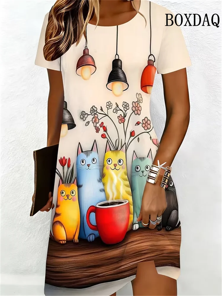 Tie Dye Plant Flowers 3D Print Dress Summer 2026 Women Clothing Casual Short Sleeve O-Neck Fashion Cat Pattern Loose Mini Dress