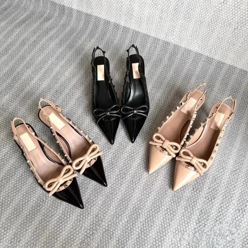 2024 Brand Bowtie Rivets Wedding Shoes For Women Pumps High Heels Spiked Studded Slingback Sandals Tacones De Lujo Para Mujer